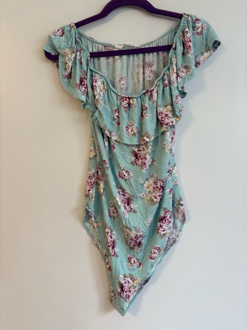 Bluenotes Blue floral bodysuit green purple flowers size XL